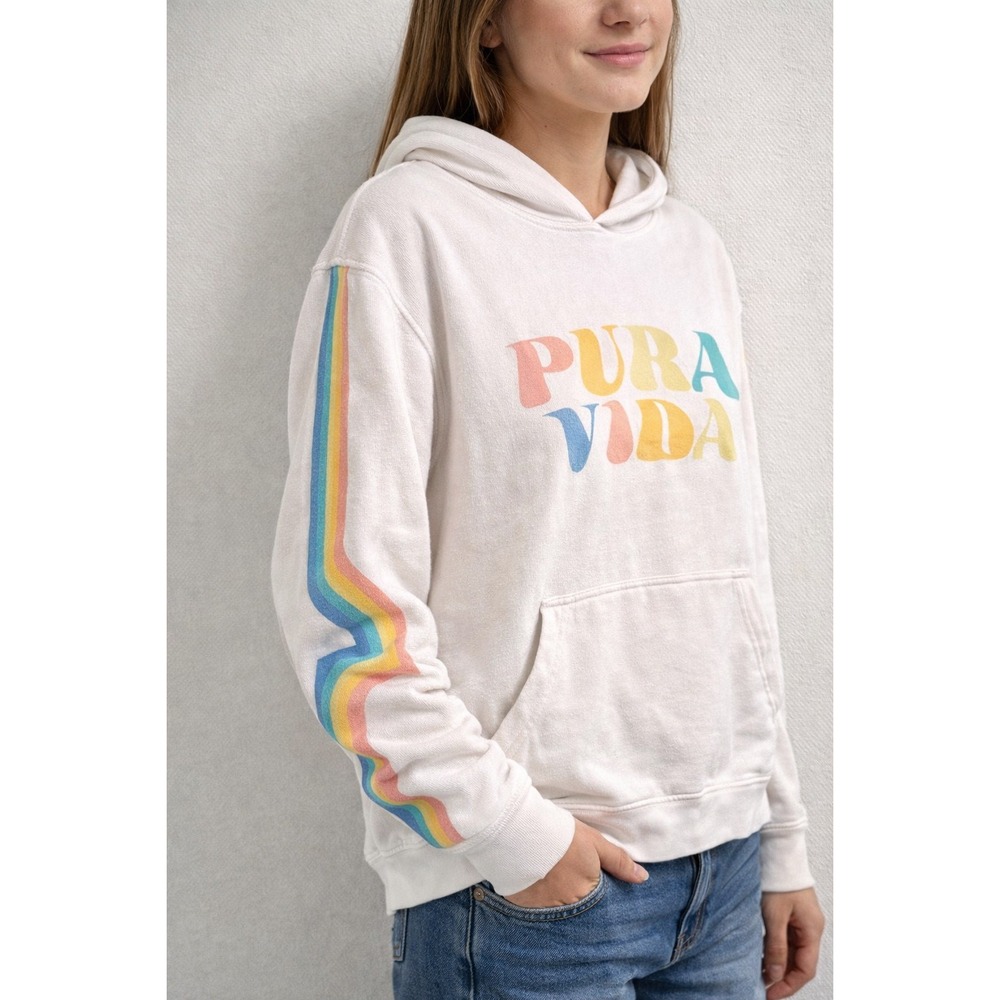 Pura Vida Womens Small Rainbow Logo Hoodie Sweatshirt Off White Stripe Sleeve